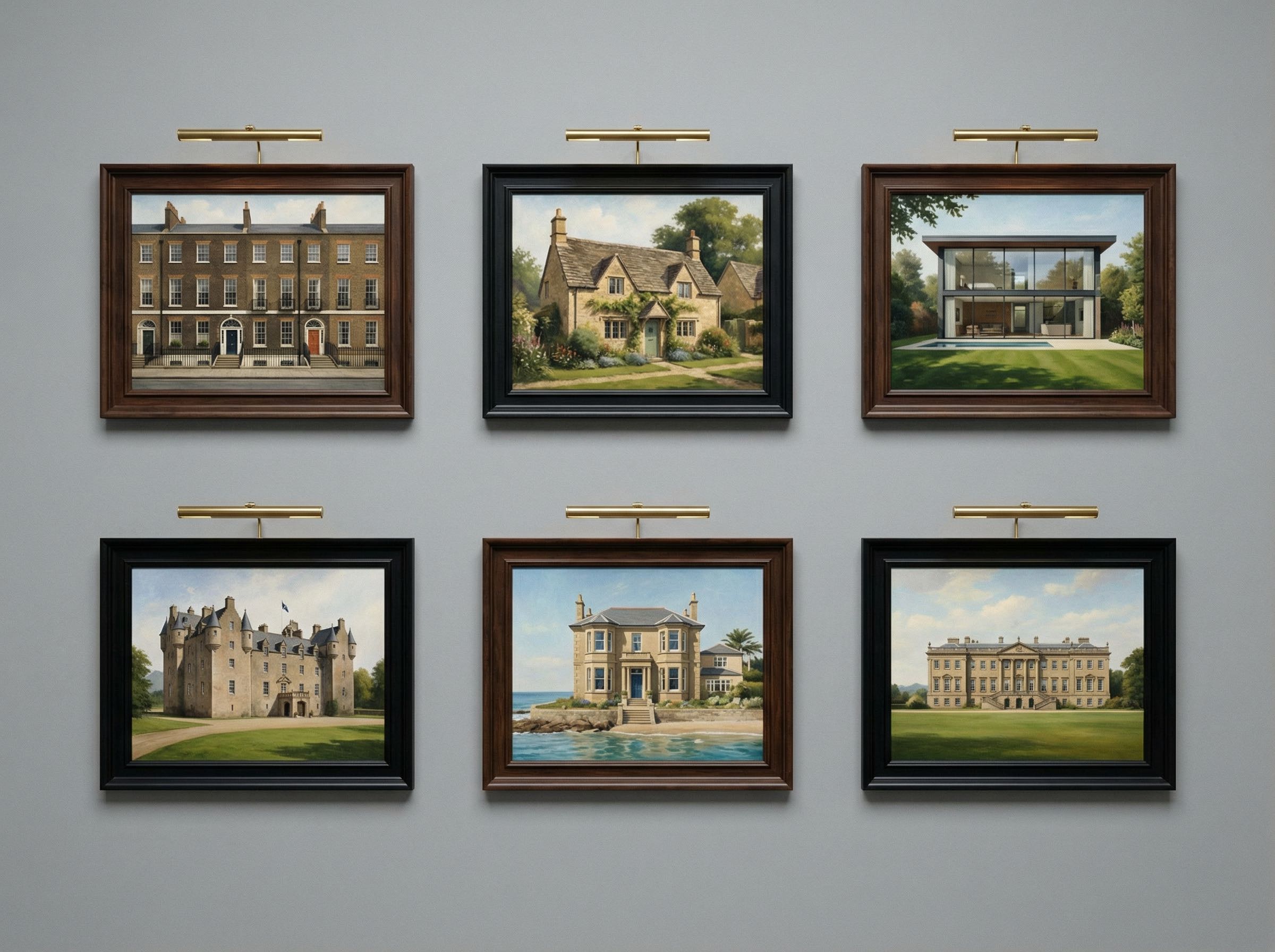 Gallery wall arrangement of framed luxury property artwork pieces in a curated grid pattern