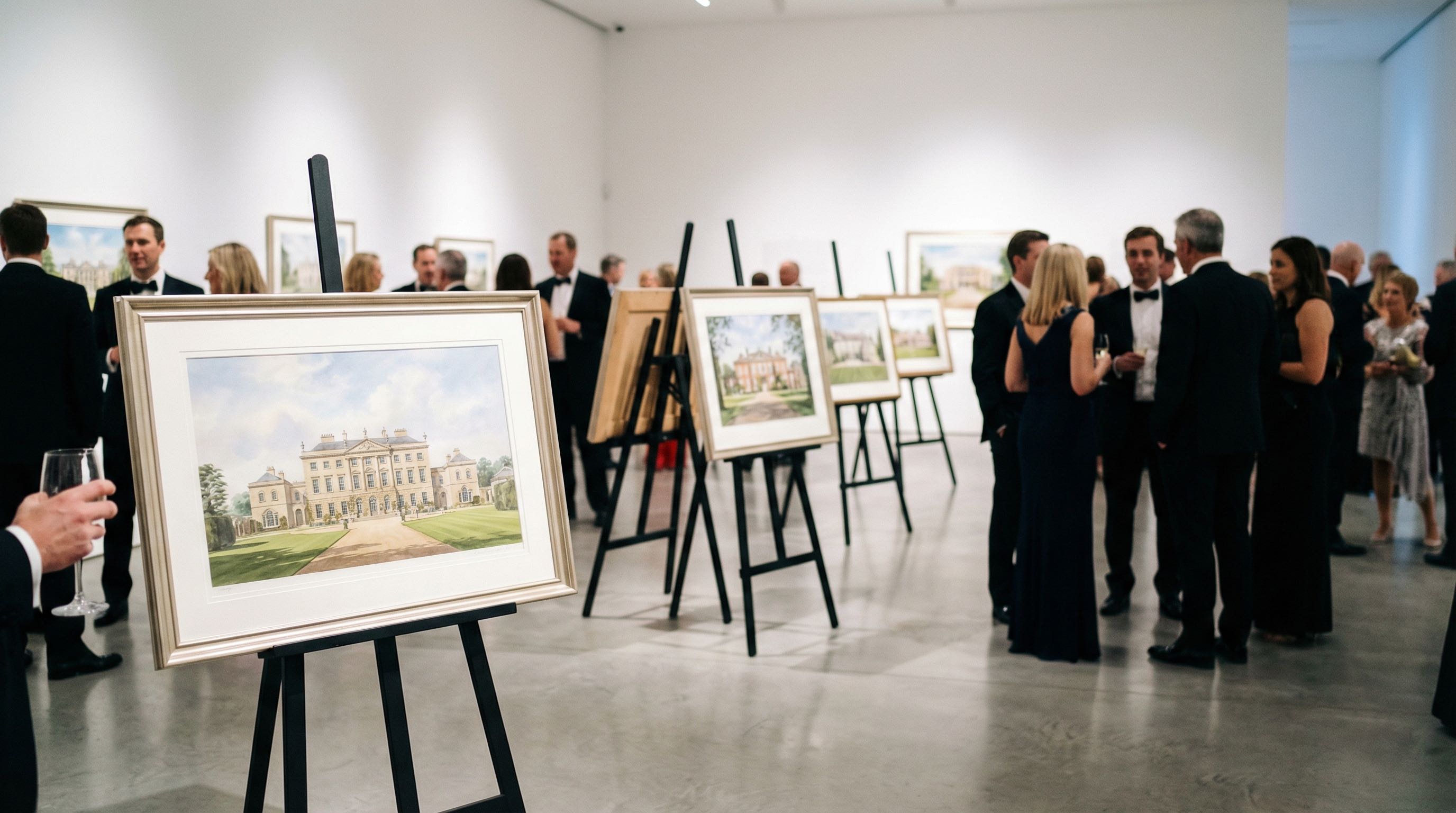 Corporate event space with multiple framed luxury property artwork pieces displayed on easels
