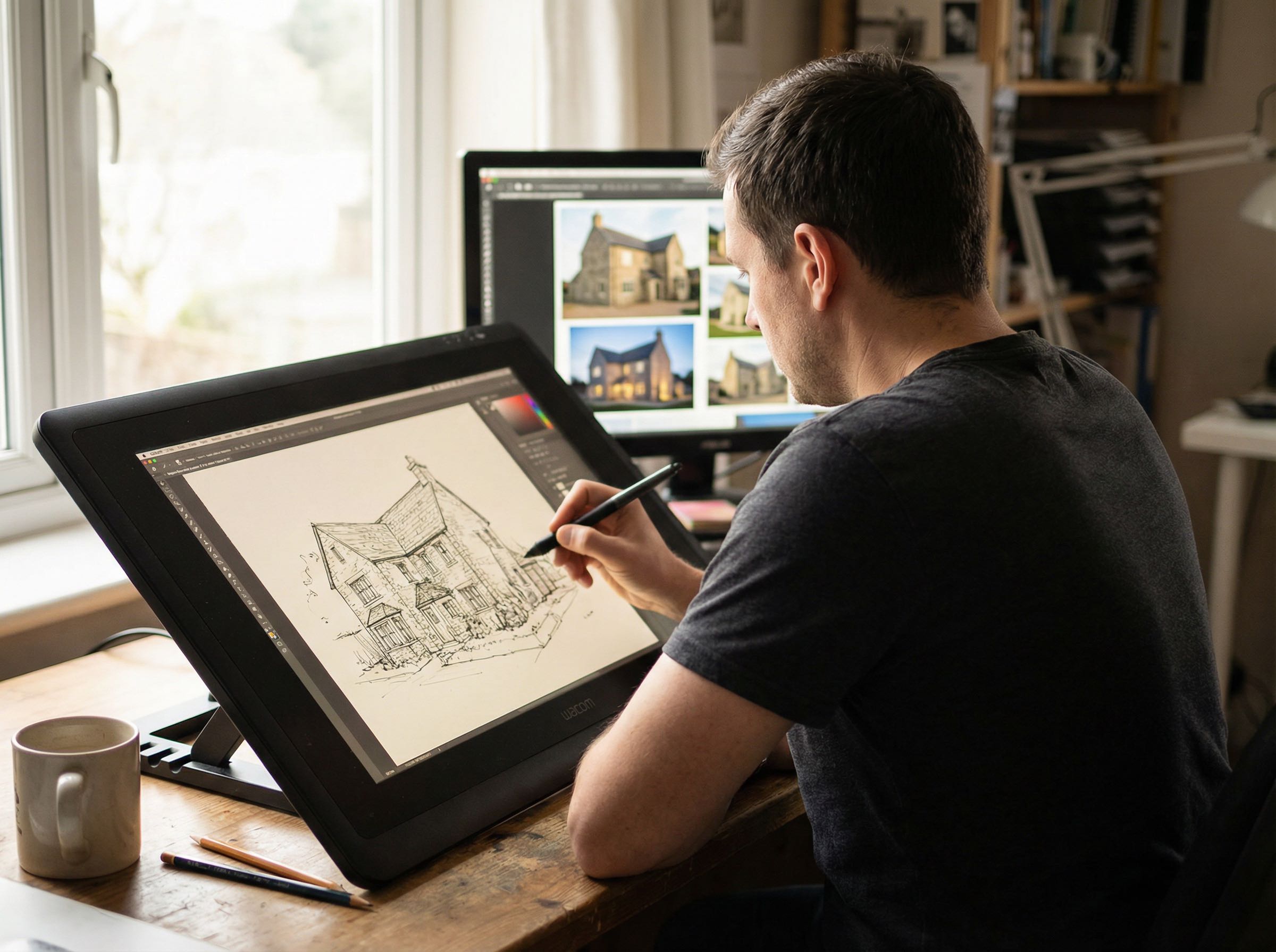 Digital artist working at a professional workstation creating luxury property artwork