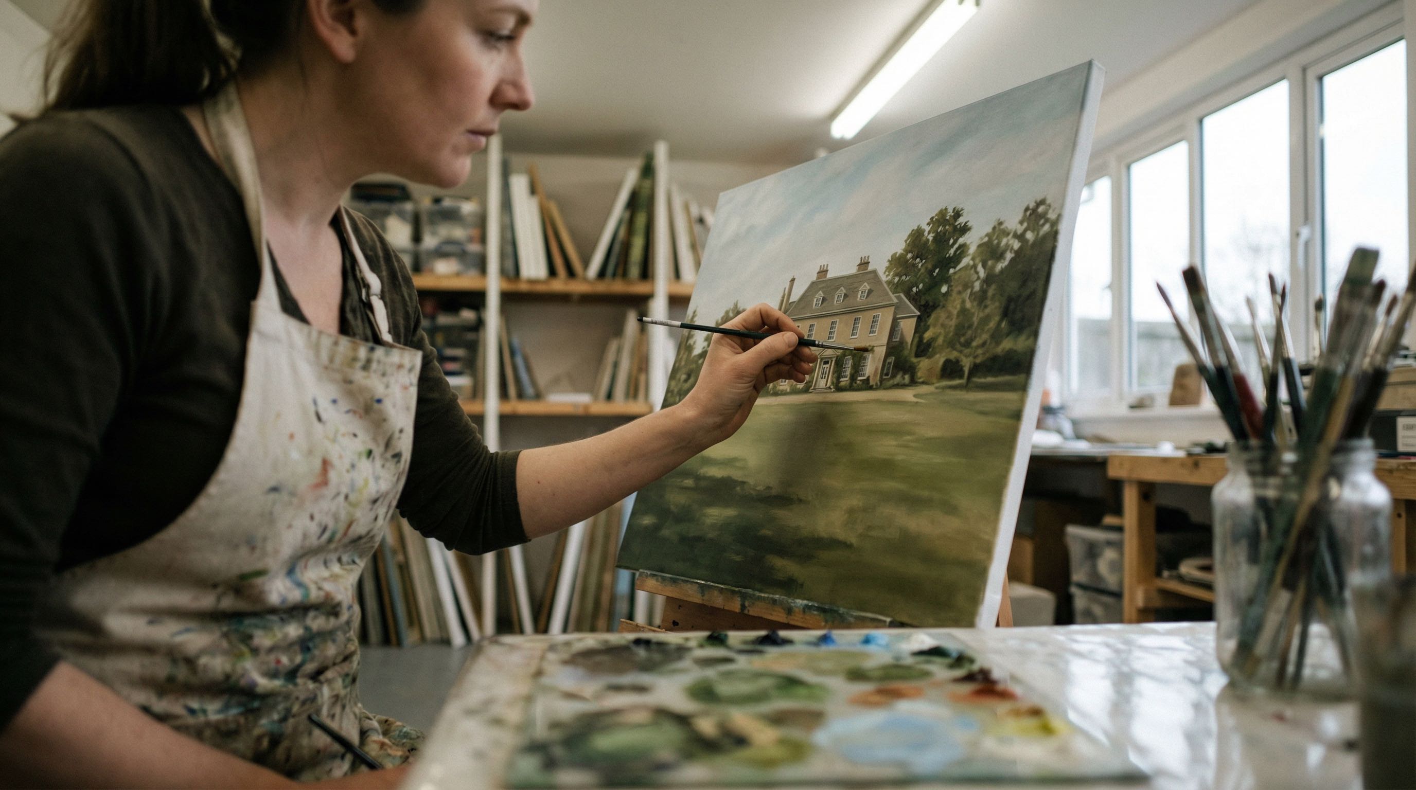 Master fine artist painting a large-scale oil painting in a dimly lit professional studio