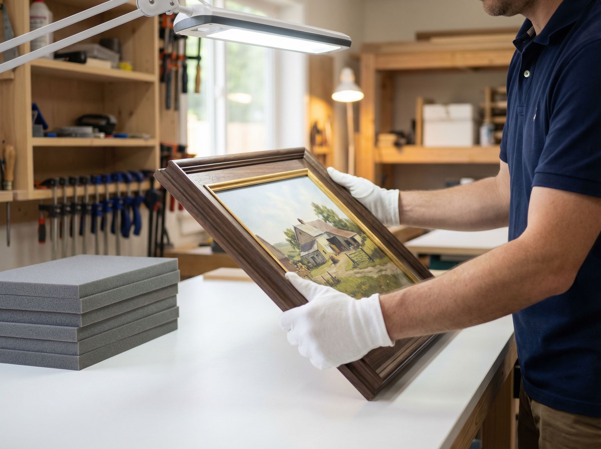 Craftsperson wearing white cotton gloves carefully inspecting a framed artwork under bright lighting