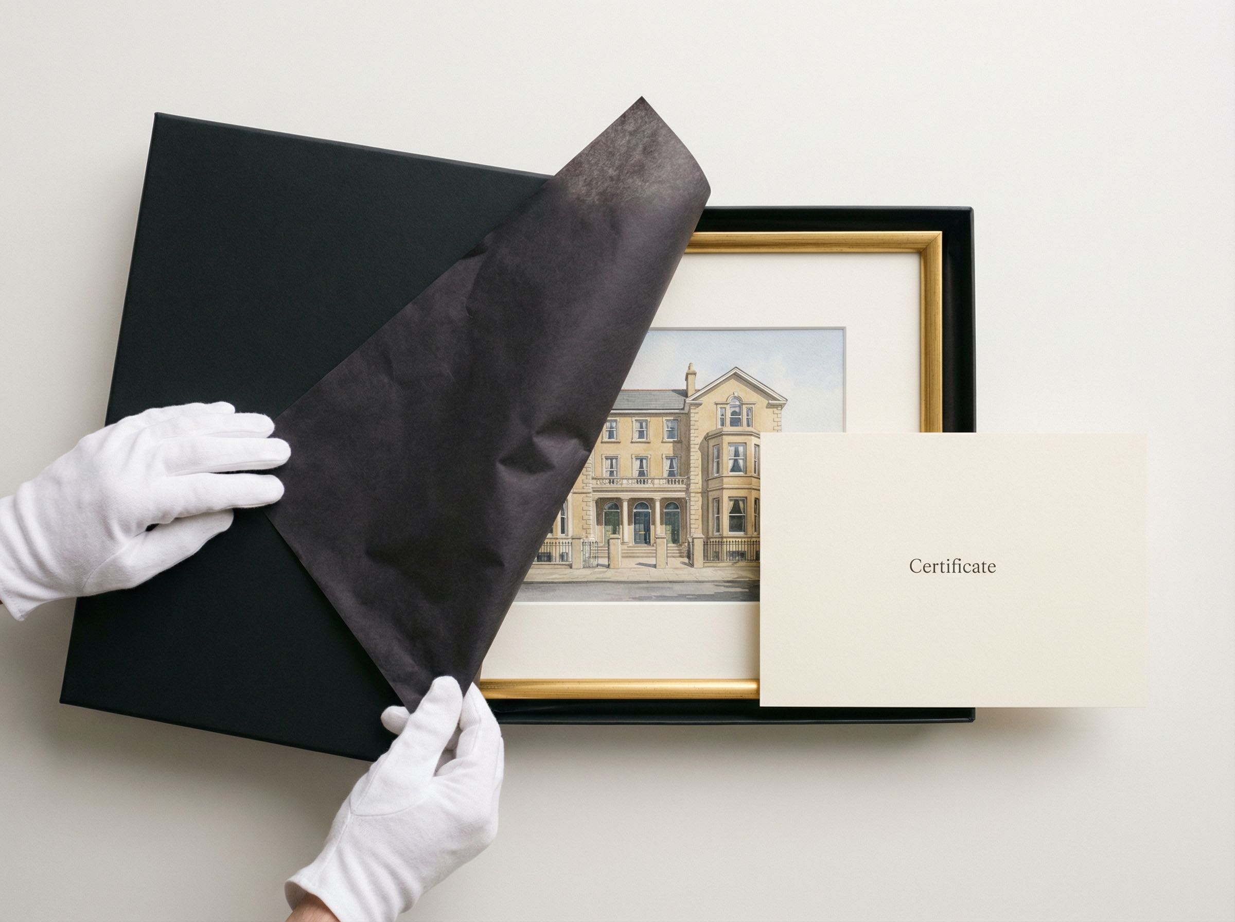Luxury artwork unboxing experience with matte black presentation box and white cotton gloves
