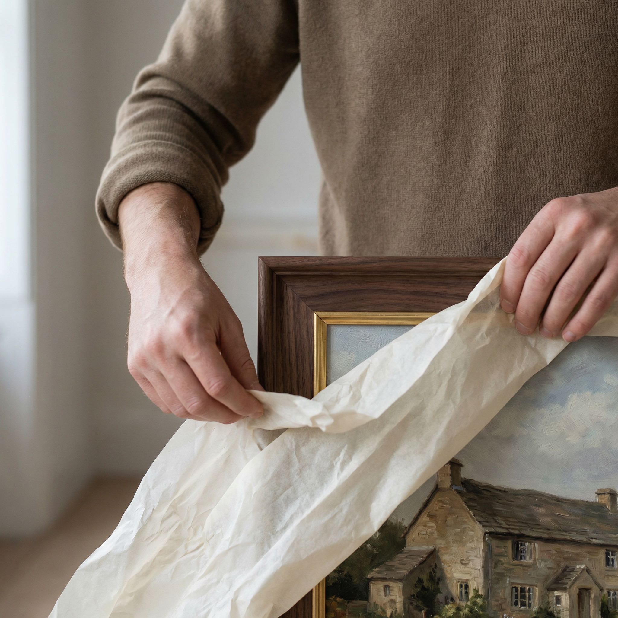 Person unwrapping a gilt-framed property painting in an elegant panelled drawing room