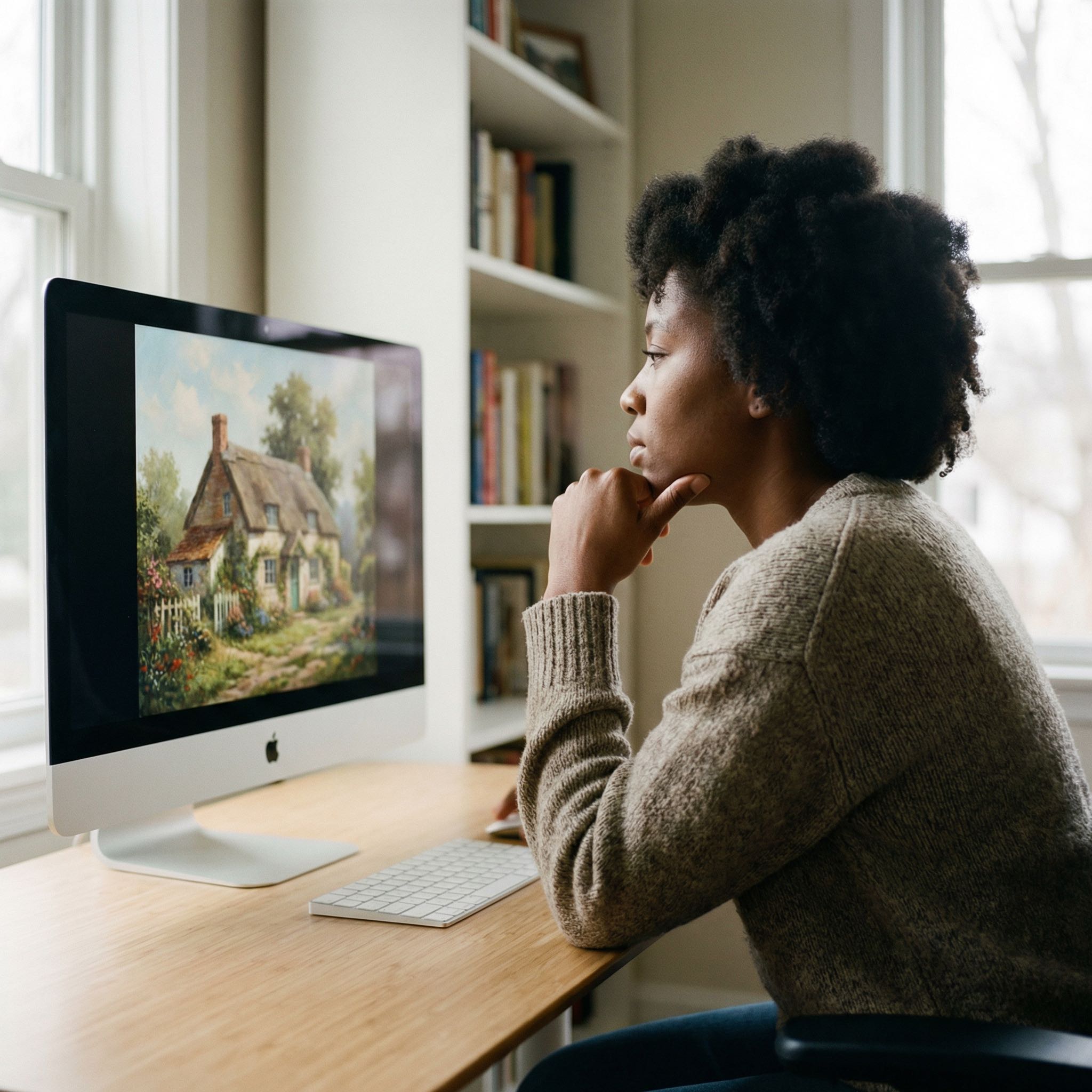 Person studying a cottage painting displayed on a large monitor in a sunlit study