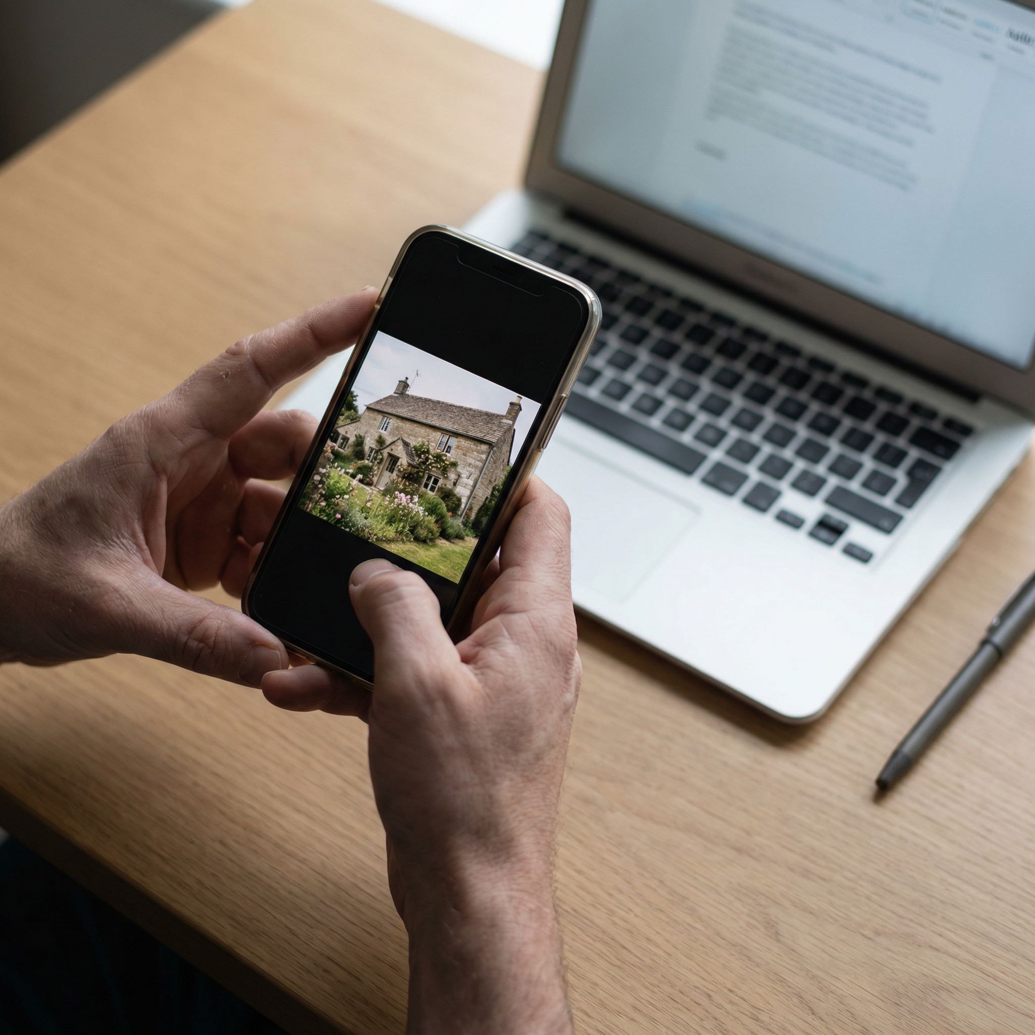 Hands holding a smartphone with a country house photo above a laptop showing upload interface
